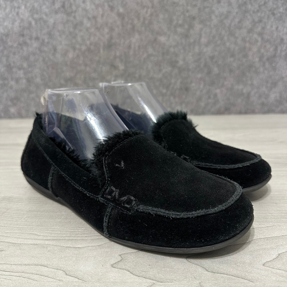 Vionic Corinne Slippers Womens 8.5 Black Suede Faux Fur Trim Orthotic Moccasins